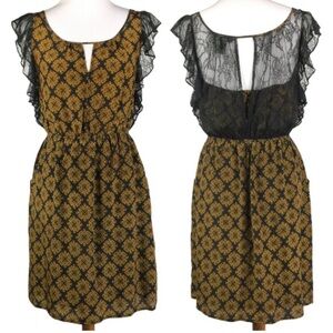 NWOT Anthropologie Maple Silk Lace Black Gold Dress Pockets Medium M 8 10